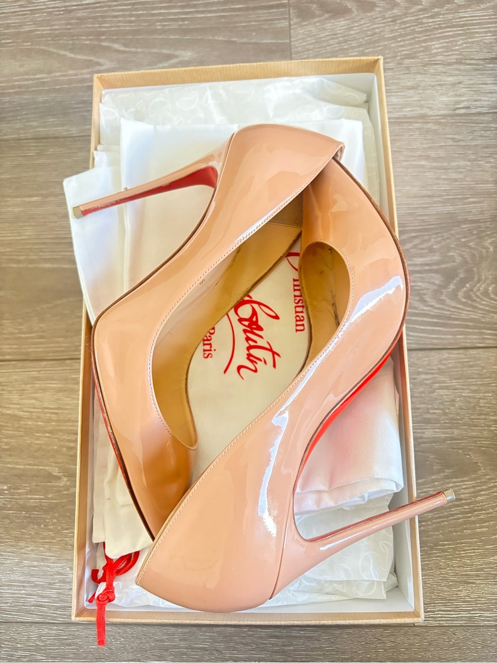 Christian Louboutin Nude Patent Pointed-Toe Stiletto Pumps (Penny Donna)